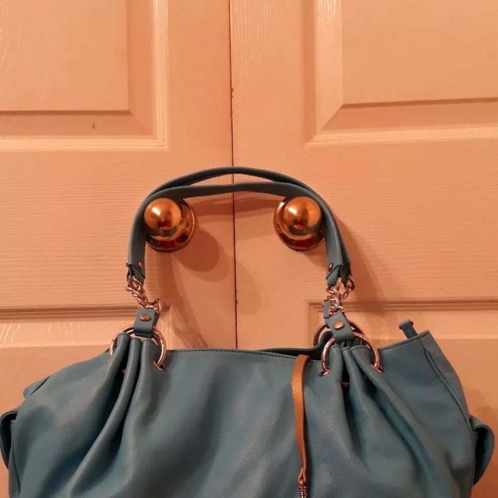 Blue Slouchy Shoulder Bag with Leather Handles